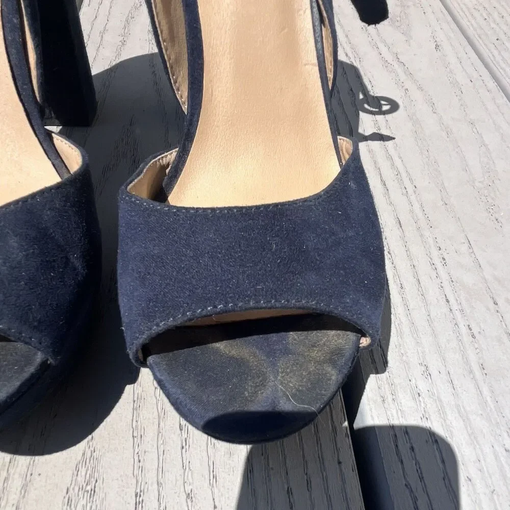 Sun + Stone Women’s Blue Suede Open Toe Strappy Ankle Strap Block Heels